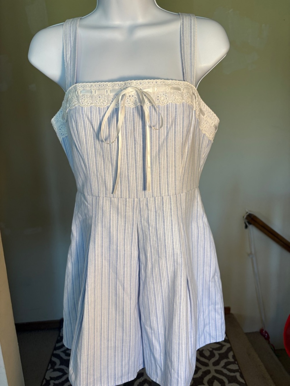 Le Lis Light Blue and White Striped romper with Lace